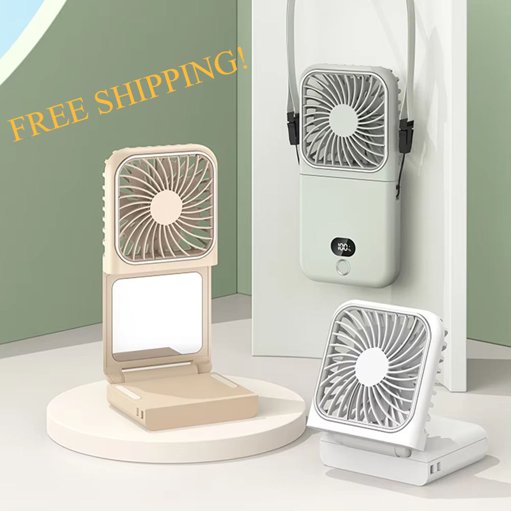 3-in-1 Portable Handheld Fan with Mirror, Power Bank & Neck Strap – USB Rechargeable Foldable Fan for Travel, Office & Home