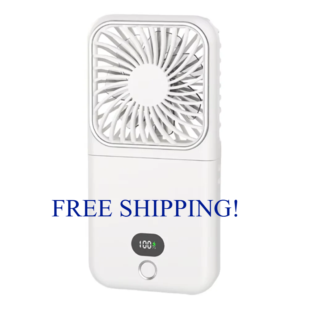 3-in-1 Portable Handheld Fan with Mirror, Power Bank & Neck Strap – USB Rechargeable Foldable Fan for Travel, Office & Home