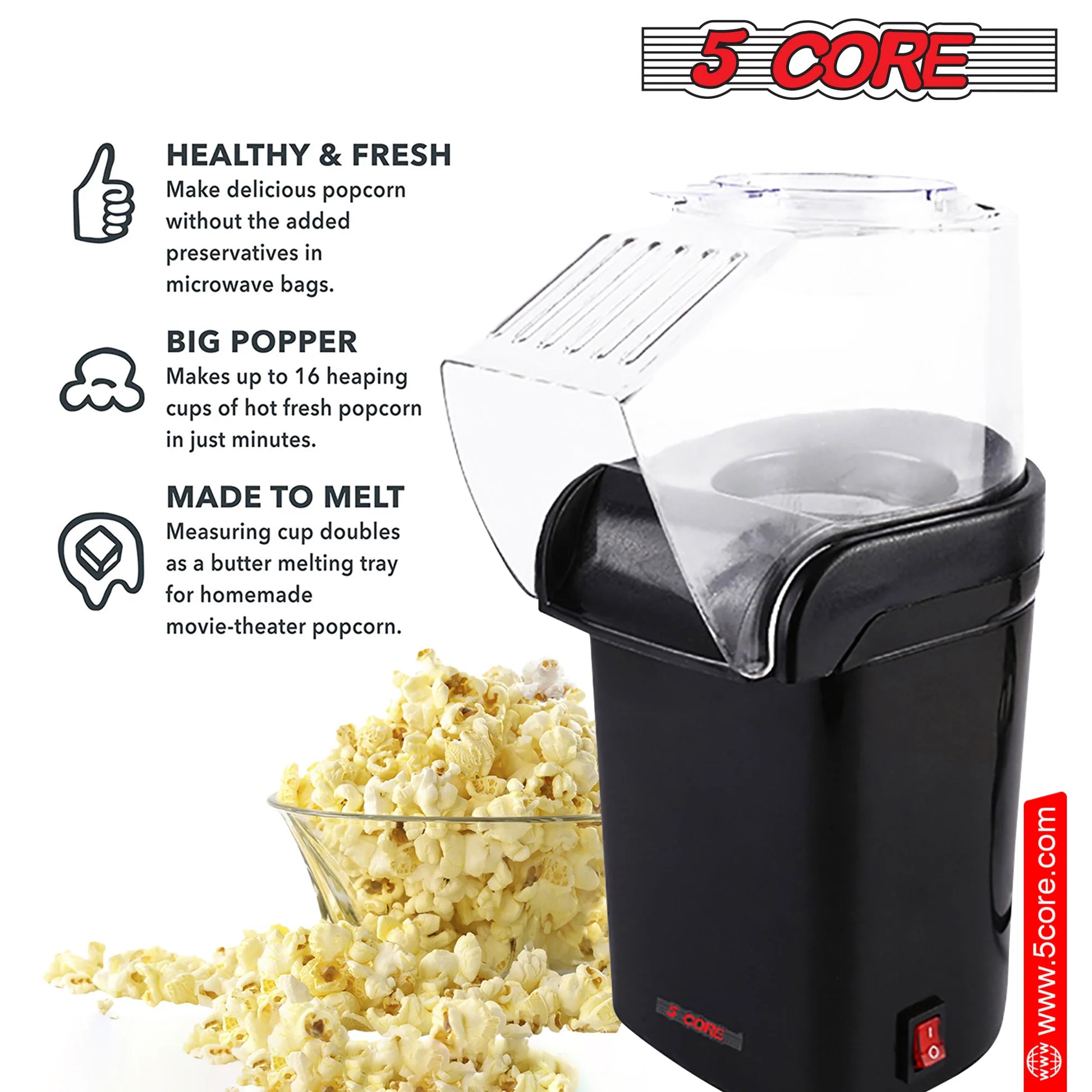 5 Core Hot Air Popcorn Machine – 16 Cup Mini Electric Popper | Oil-Free Healthy Snack Maker