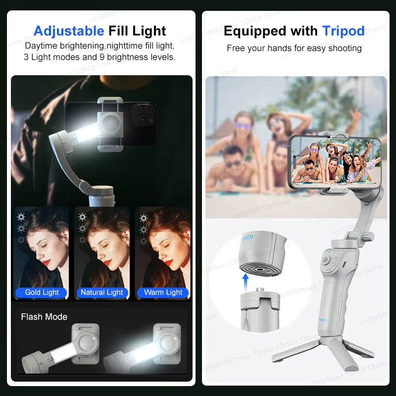 FlexShot – Three-Axis Foldable Gimbal Stabilizer with Fill Light & Tripod
