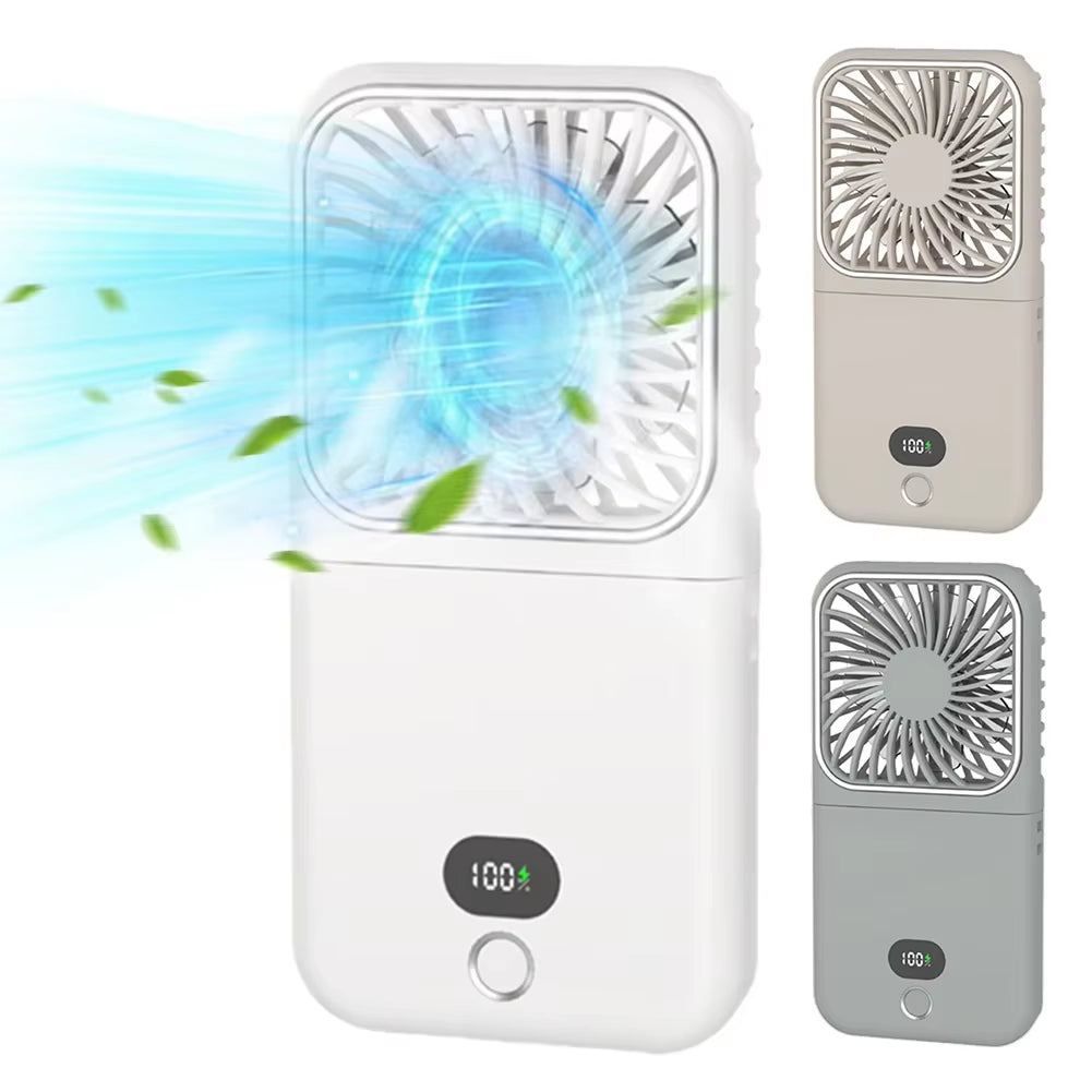 3-in-1 Portable Handheld Fan with Mirror, Power Bank & Neck Strap – USB Rechargeable Foldable Fan for Travel, Office & Home
