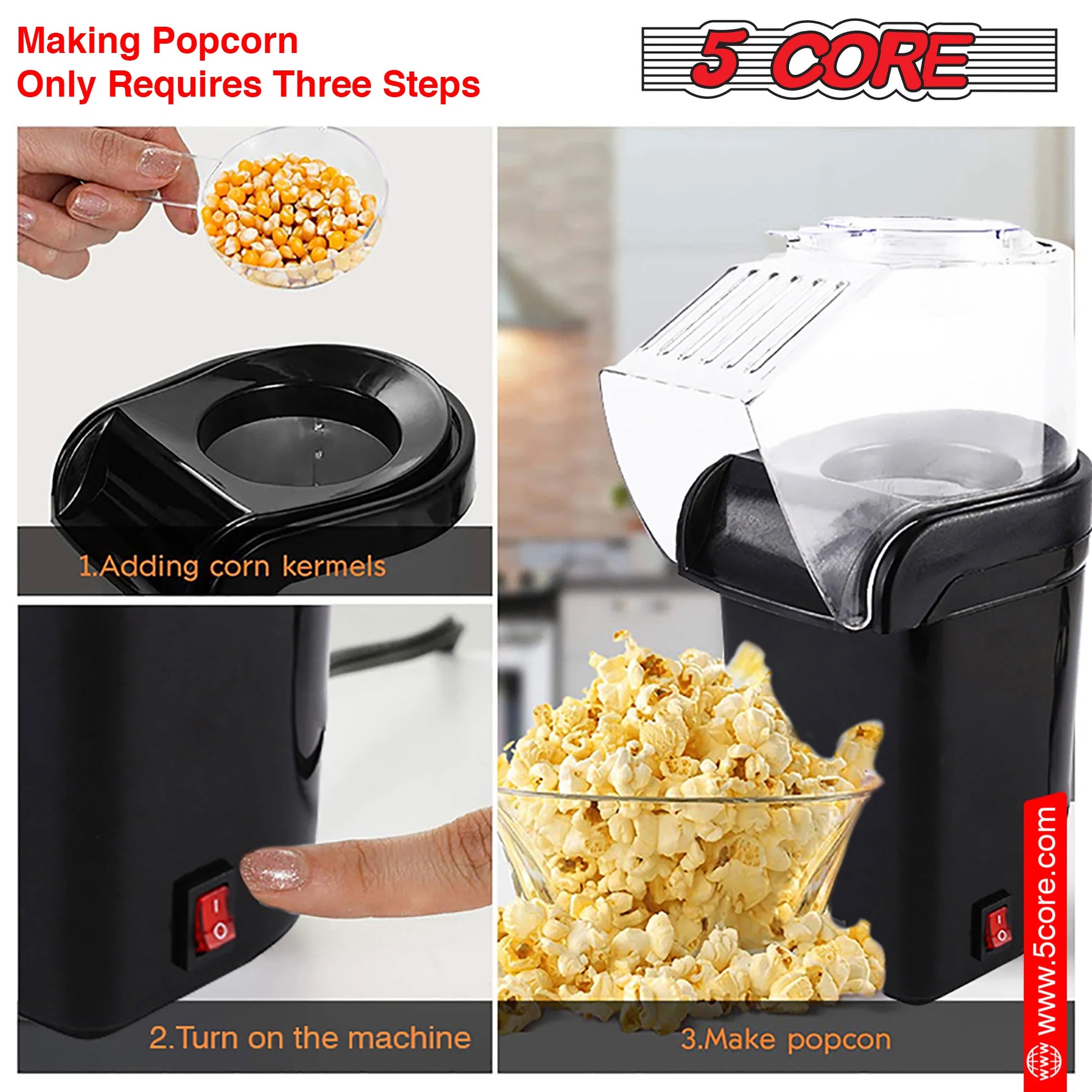 5 Core Hot Air Popcorn Machine – 16 Cup Mini Electric Popper | Oil-Free Healthy Snack Maker