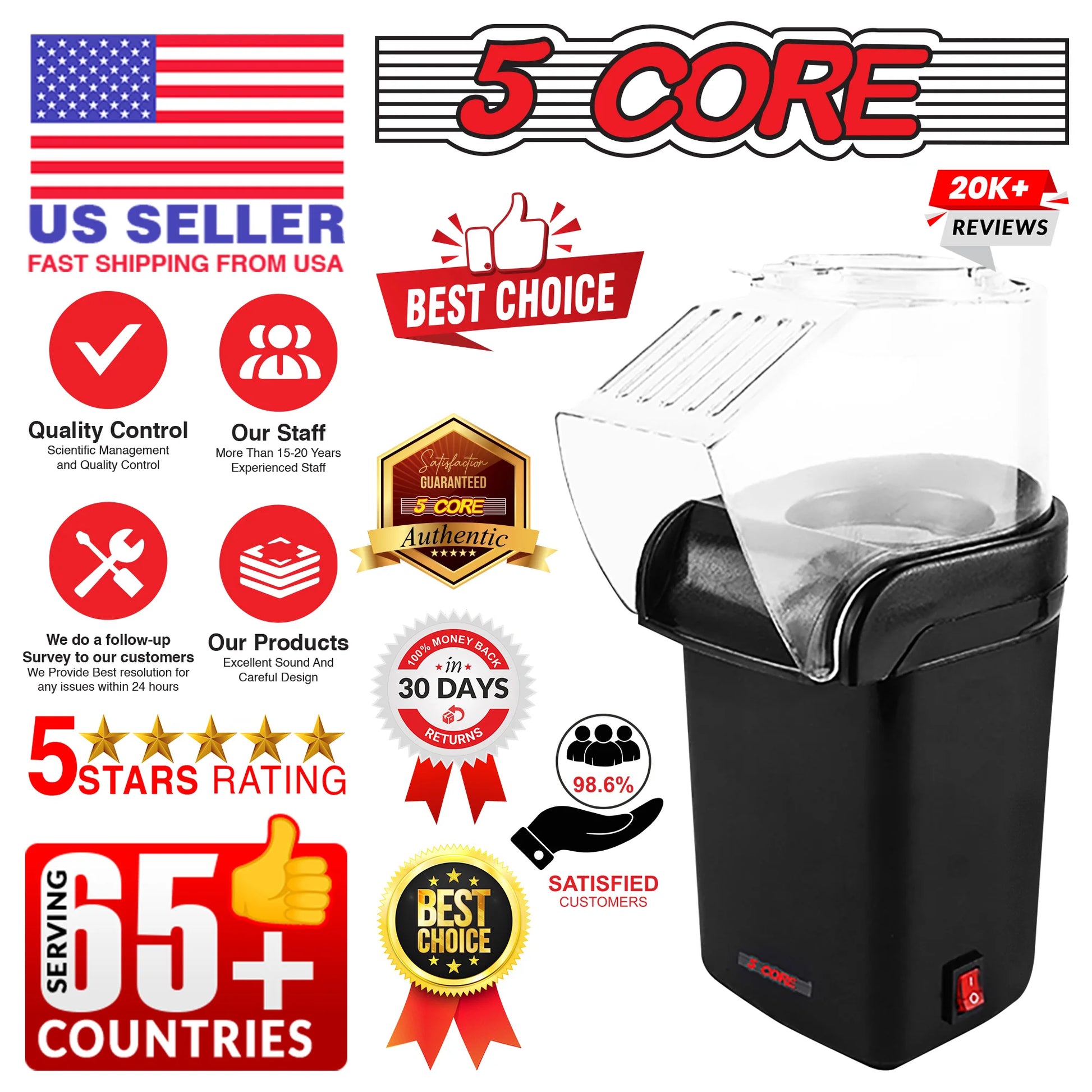 5 Core Hot Air Popcorn Machine – 16 Cup Mini Electric Popper | Oil-Free Healthy Snack Maker