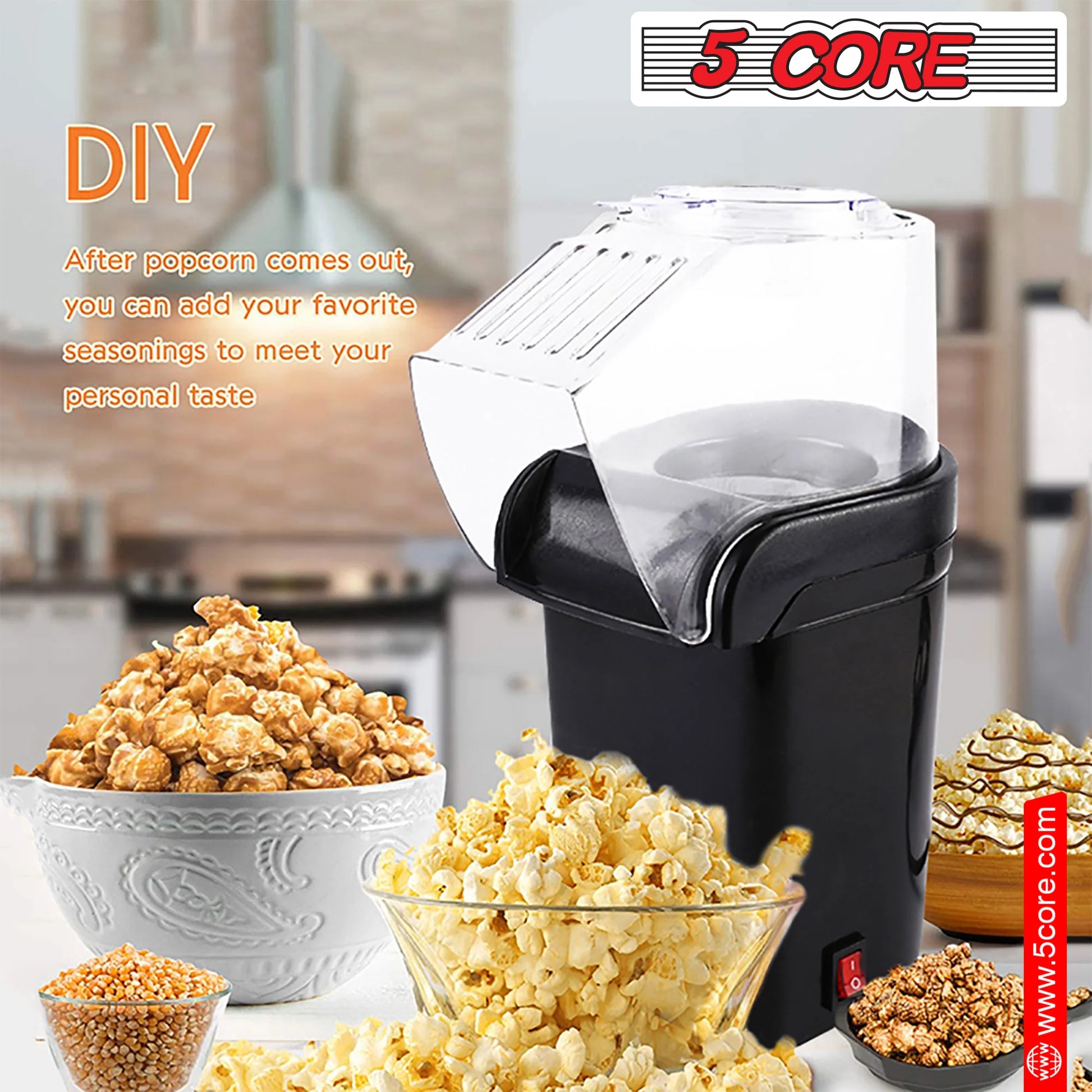 5 Core Hot Air Popcorn Machine – 16 Cup Mini Electric Popper | Oil-Free Healthy Snack Maker