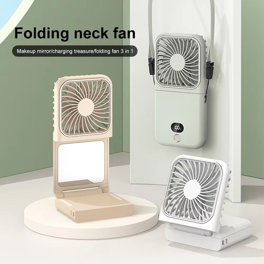 3-in-1 Portable Handheld Fan with Mirror, Power Bank & Neck Strap – USB Rechargeable Foldable Fan for Travel, Office & Home