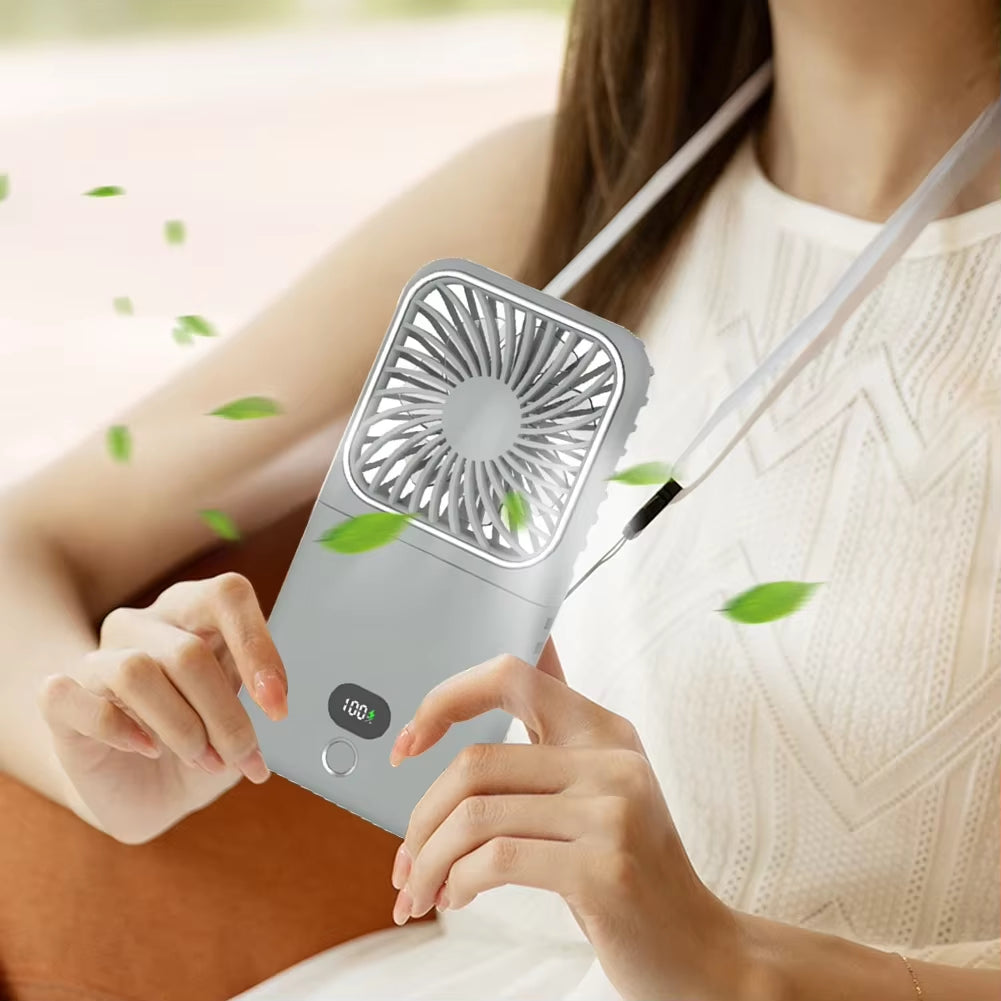 3-in-1 Portable Handheld Fan with Mirror, Power Bank & Neck Strap – USB Rechargeable Foldable Fan for Travel, Office & Home