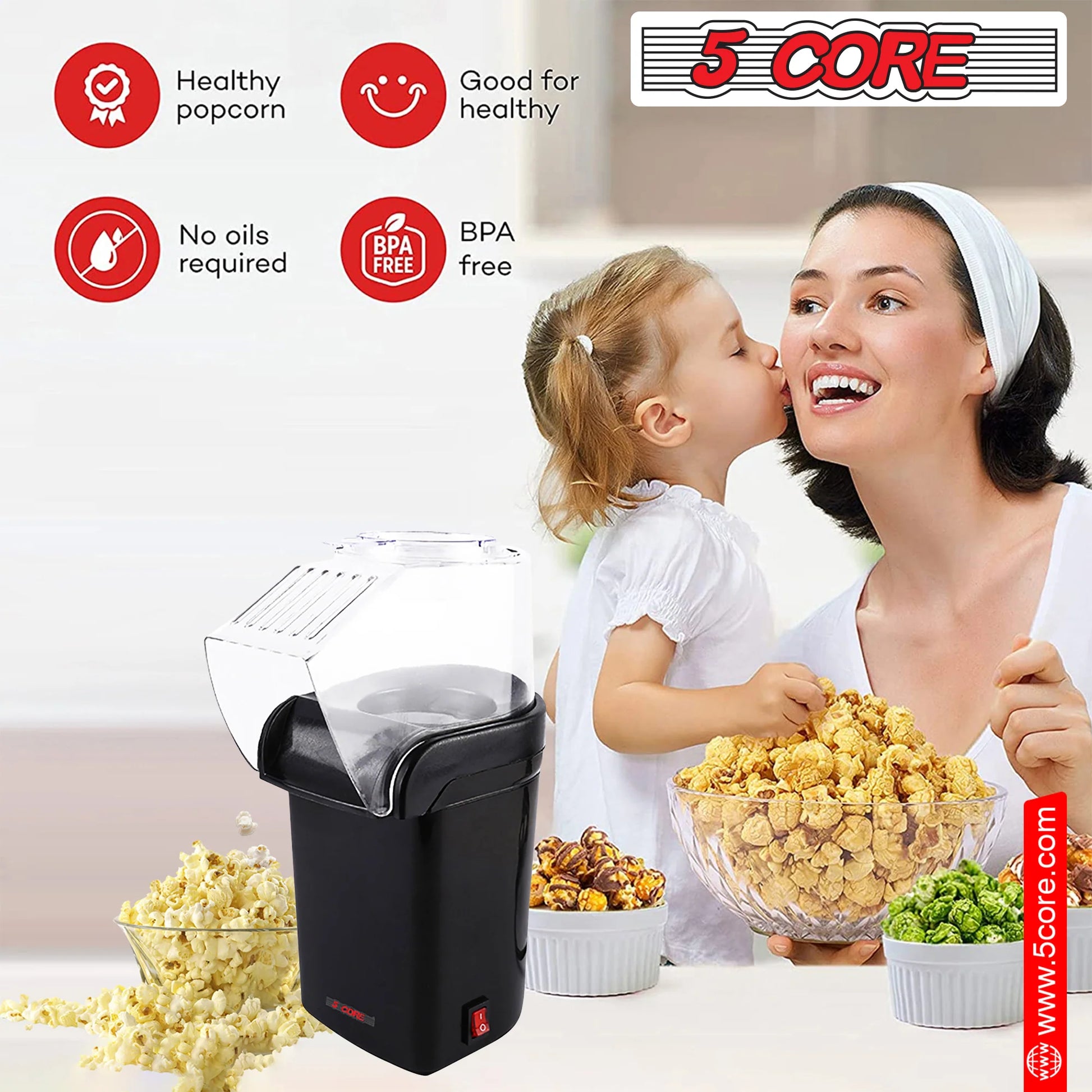 5 Core Hot Air Popcorn Machine – 16 Cup Mini Electric Popper | Oil-Free Healthy Snack Maker