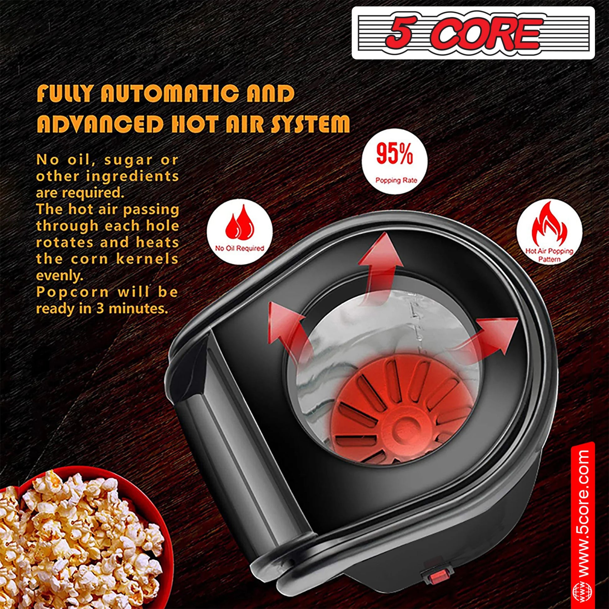 5 Core Hot Air Popcorn Machine – 16 Cup Mini Electric Popper | Oil-Free Healthy Snack Maker