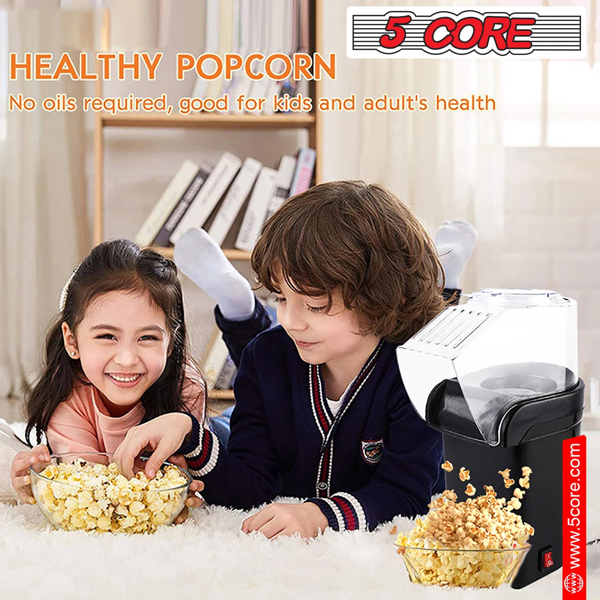 5 Core Hot Air Popcorn Machine – 16 Cup Mini Electric Popper | Oil-Free Healthy Snack Maker